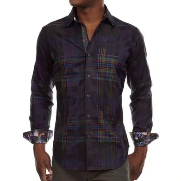 New Robert Graham Men’s Buttons Up Classic Fit Plaid Flip Cuff Floral Rose Shirt - Picture 1 of 15